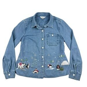Christopher & Banks Embroidered Denim Shirt Jacket Winter Festive Holiday Small